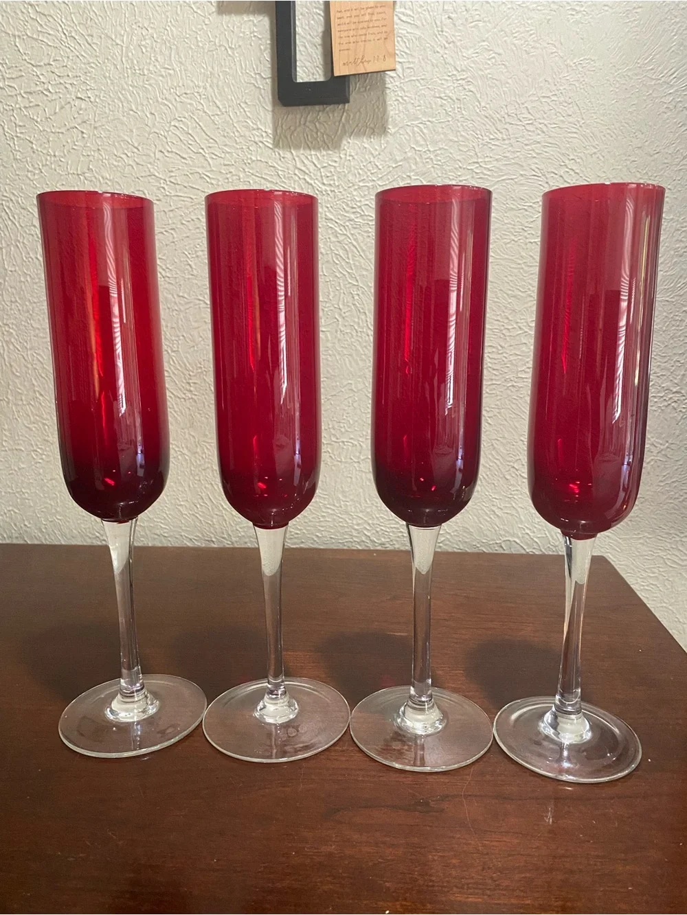 Set of 4, Pier 1, Ruby Red Champagne Flutes with Clear Crystal Stems